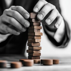 Poster - Focused Hands Stacking Wooden Blocks in a Business Setting for Success Concept