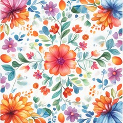Poster - Vibrant Floral Pattern with Colorful Flowers and Leaves on a Light Background