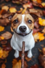 Wall Mural - A small brown and white dog holding a stick in its mouth