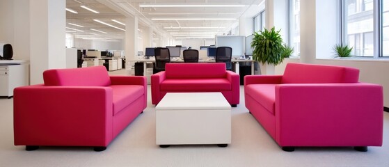 Poster - Modern Office Lounge Area with Pink Sofas and Bright Natural Light in Workspace