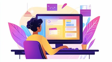 Person Working on Computer, Colorful Workspace Illustration
