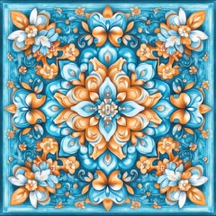 Leinwandbilder - Ornate Floral Pattern with Blue and Orange Accents for Decorative Backgrounds