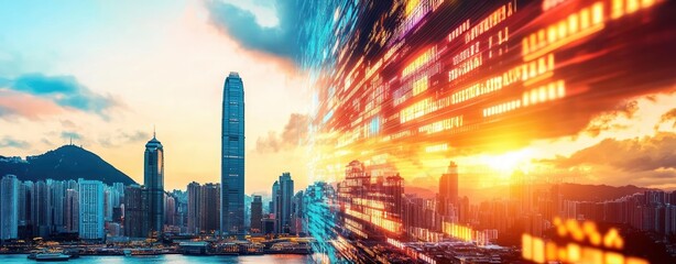 Aufkleber - Vibrant Cityscape with Overlay of Digital Data and Sunset in Hong Kong Skyline