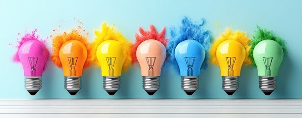 Aufkleber - Vibrant Light Bulbs with Colorful Explosions of Powder on a Blue Background