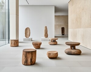 Poster - Minimalist Interior Design with Wooden Sculptures and Contemporary Furniture