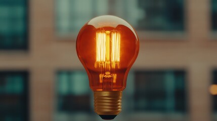 Poster - Vintage Style Light Bulb Illuminating Modern Urban Background with Soft Glow
