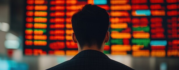Poster - Investor Observes Stock Market Trends on Digital Display Screen in Modern Office Setting