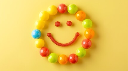 Wall Mural - colorful balls arranged in a circle with a smiley face made of red string in the center on a yellow 