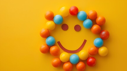 Wall Mural - colorful 3d balls arranged in a circle with a smiley face in the center on a yellow background.