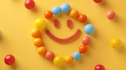 Wall Mural - a 3d rendering of a smiley face made of colorful balls on a yellow background. the balls are arrange