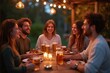 © He - four friends enjoying meal outdoors candles food conversation
