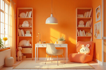 Wall Mural - Beautiful children's room with bright orange wall and furniture. Interior design