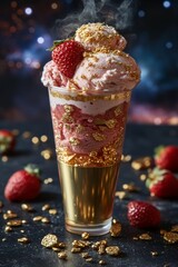 Poster - A glass of strawberry ice cream with gold glitter on top