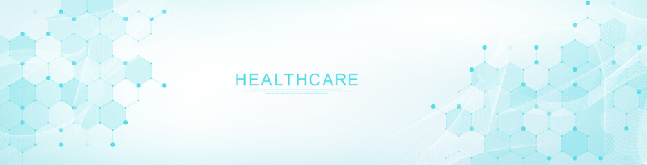 Leinwandbilder - Modern health care or medical background design. Health care innovation concept. Horizontal header web banner. Abstract geometric background with hexagon shapes for medicine, science, chemistry.