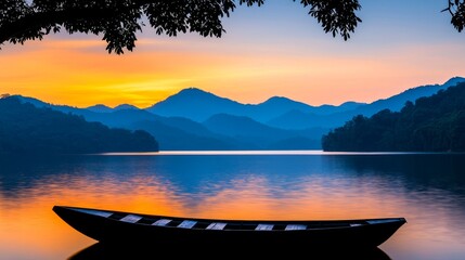 Canvas Print - A boat sitting on top of a lake next to a forest