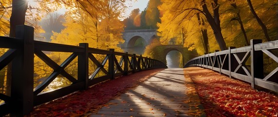 Wall Mural - An inviting autumn pathway lined with vivid leaves leading towards a picturesque bridge beckoning explorations and gentle strolls in nature