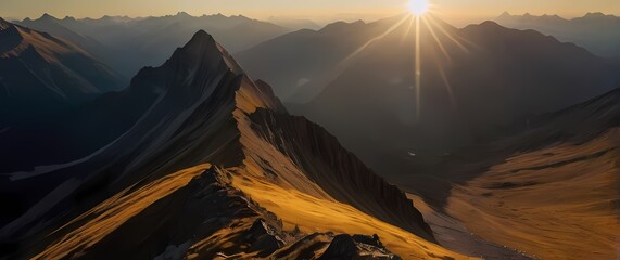 Wall Mural - An inspiring mountain summit view showcasing valleys below bathed in golden light inviting trekkers to share in the remarkable beauty of nature