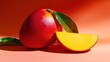 © oris - Ripe Mango with Slice and Leaves on Orange Background
