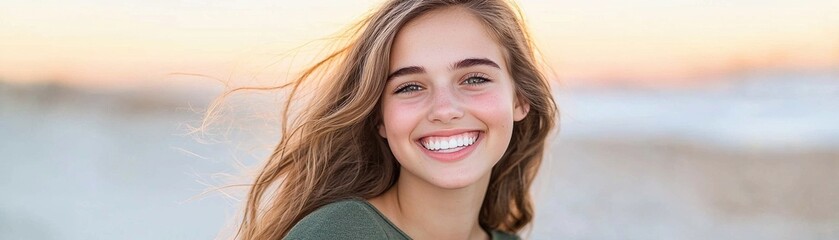 A smiling young woman stands against a serene beach backdrop, exuding happiness and warmth in a relaxed, natural setting.