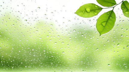 Poster - A green leaf on a window with water droplets on it