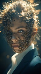 Wall Mural - A young boy in a suit with a bunch of bees on his head