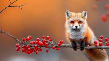 Wall Mural - A red fox sitting on a branch with red berries