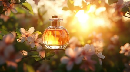 Wall Mural - Perfume bottle among spring blossoms at sunset