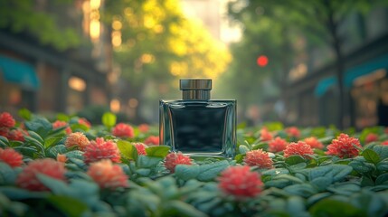 Wall Mural - Perfume bottle on flowers, city street backdrop, serene scene