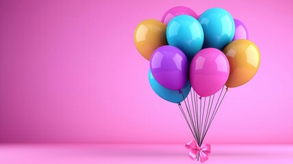 Colorful balloons floating against a vibrant pink background for celebrations.