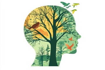 Wall Mural - Illustration of a human face as a flourishing tree covered in flowers, representing self-care, mental health, positive thinking, and creativity. Stock image