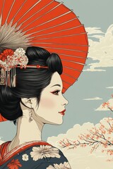 Wall Mural - A woman in a kimono with a red umbrella in her hair