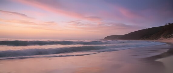 Wall Mural - A tranquil beach scene featuring soft pastel skies during dusk calming waves lapping at the shore creating a perfect moment for reflection