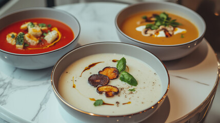 Wall Mural -  Four Colorful Vegetable Soups with Fresh Herbs and Croutons