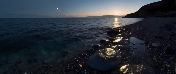 Fototapete - A small glimmer of water sparkling at the horizon near pebbled shores inviting exploration and peaceful moments at the edge of the world