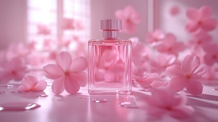 Wall Mural - Pink perfume bottle surrounded by cherry blossoms in a light-filled room