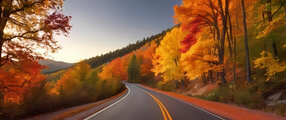 Wall Mural - A scenic winding road lined with colorful trees during fall inviting leisurely drives and moments of appreciation for natures beauty