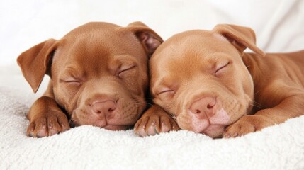 Wall Mural - A couple of puppies sleeping on top of a white blanket