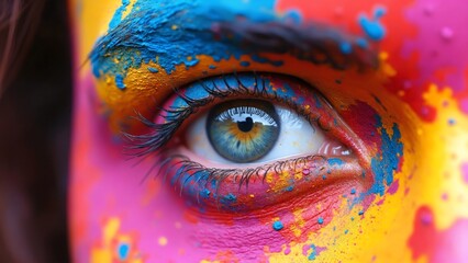 Wall Mural - Close up of a eye, face adorned with bright colors capture the essence of Holi festivities, celebrating joy