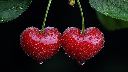 Poster - Two red cherries with water droplets on them hanging from a branch