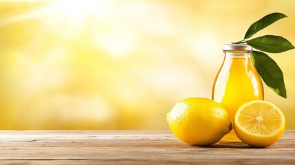 Poster - A bottle of lemon juice next to two lemons on a wooden table