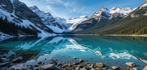 A crystal-clear glacial lake surrounded by snow-capped mountains and evergreen trees, with the reflection of the peaks on the water's surface.