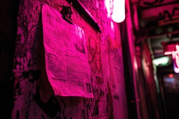 Wall Mural - Pink-lit alleyway, newspaper poster, graffiti wall, urban night scene