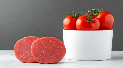 Poster - Three tomatoes in a white bowl next to a piece of meat