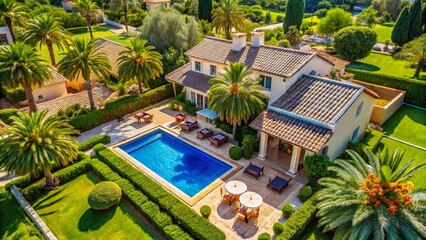 Wall Mural - Aerial View Luxury European Villa Pool Tropical Garden Solar Panels