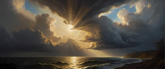 Wall Mural - A detailed oil painting illustrating clouds dramatically blocking sunlight creating an intense moment of natures shifting moods with hints of light