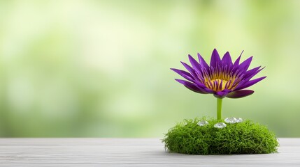 Wall Mural - A purple flower sitting on top of a moss covered table