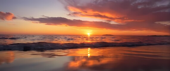 Fototapete - A colorful sunset sky reflecting off calm waters inviting viewers to embrace the beauty of moments spent along the shore