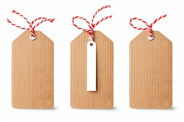 Wall Mural - Set of Three Brown Paper Tags with Red and White Twine for Crafting, Labeling, or Gift Wrapping Use in a Variety of Creative Projects