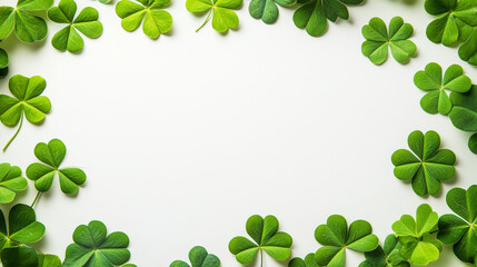 Vibrant green clover leaves framing a white clean background. St. Patrick’s Day. Copy space. Generative AI