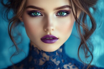 Leinwandbilder - Portrait of a woman with striking green eyes and bold purple lipstick against a blue background